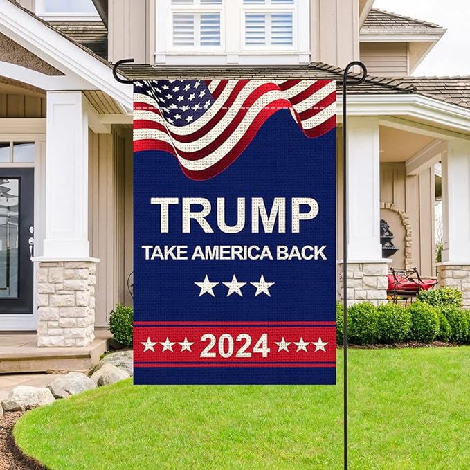 American President Donald Trump 2024 Take America Back Burlap Garden Flag, Double Sided Premium Fabric, US Election Patriotic Outdoor Decoration Banner for Yard Lawn, 12.5" x 18.5"