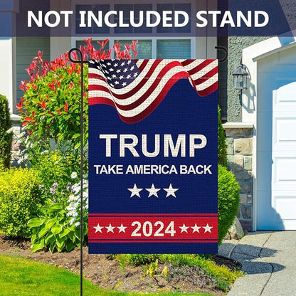 American President Donald Trump 2024 Take America Back Burlap Garden Flag, Double Sided Premium Fabric, US Election Patriotic Outdoor Decoration Banner for Yard Lawn, 12.5" x 18.5"