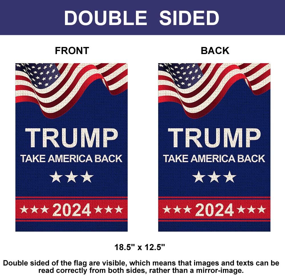 American President Donald Trump 2024 Take America Back Burlap Garden Flag, Double Sided Premium Fabric, US Election Patriotic Outdoor Decoration Banner for Yard Lawn, 12.5" x 18.5"